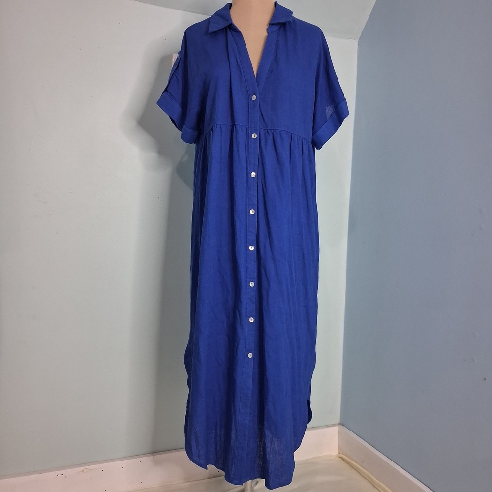 New In Royal Blue Linen Blend Button Down Midi Collared Shirt Dress Womens Sz S
